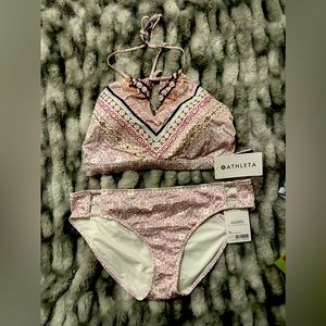 Athleta bikini set plum purple and white with lace up back. Size XL.